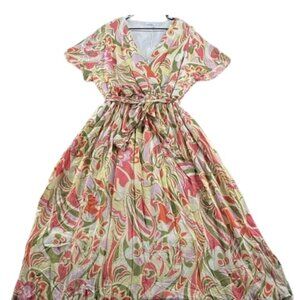 Emily Wonder Dress Sage and Coral Maxi Lined Waist Tie Women's 3XL